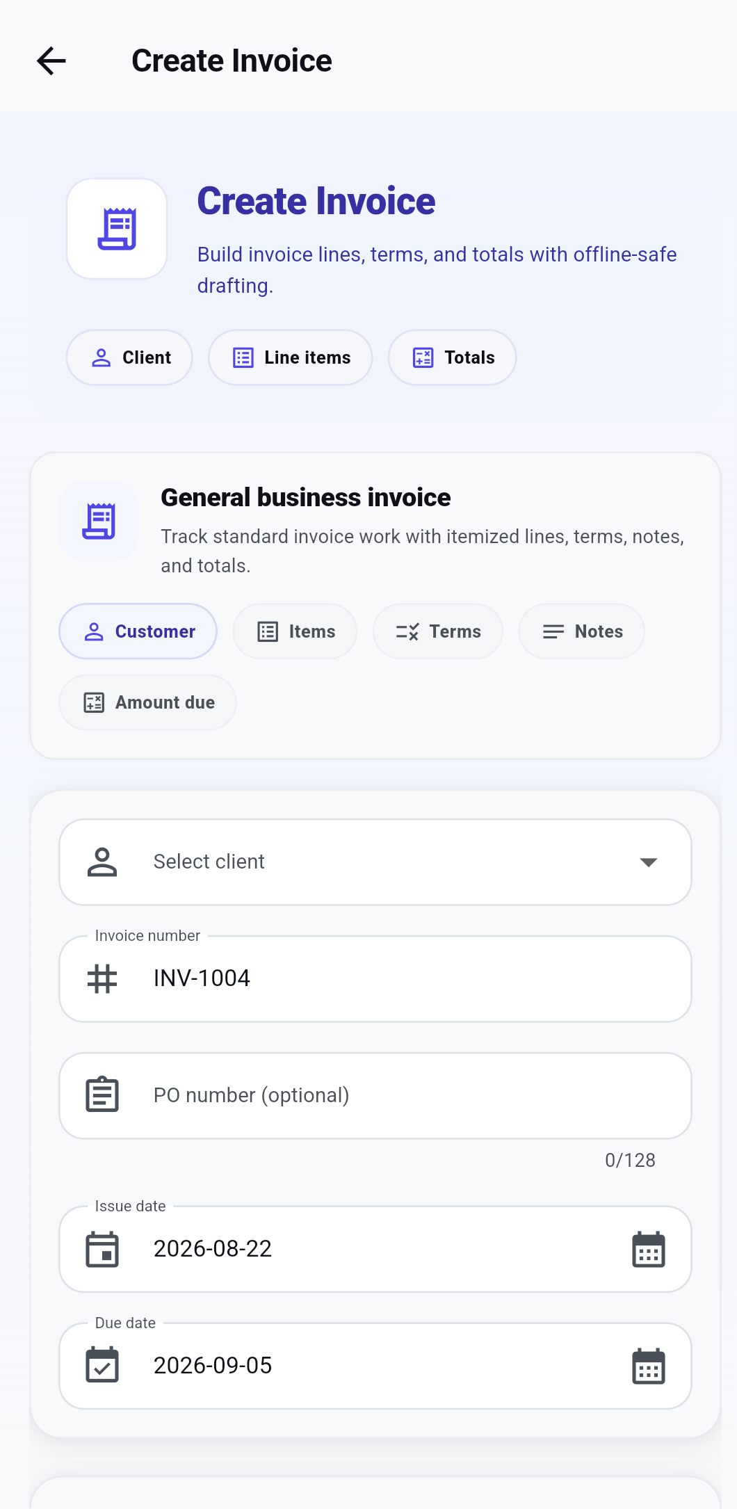 Lekhva create invoice workspace