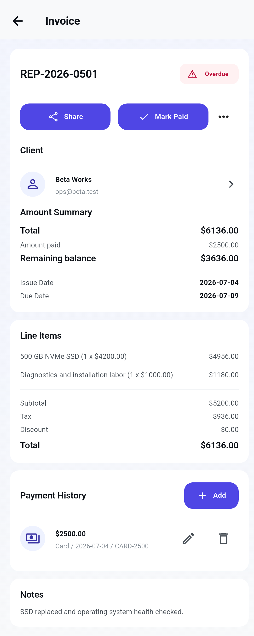 Lekhva invoice details with line items, balance and payment history