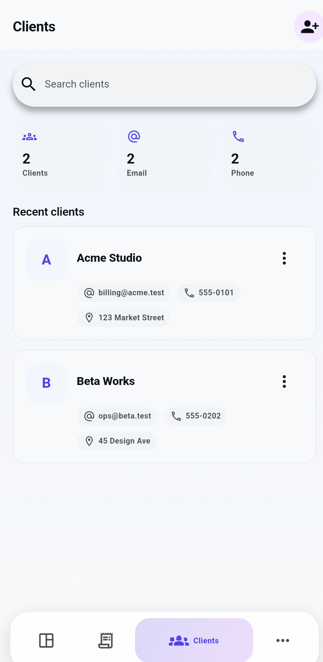 Lekhva client directory with reusable billing contacts