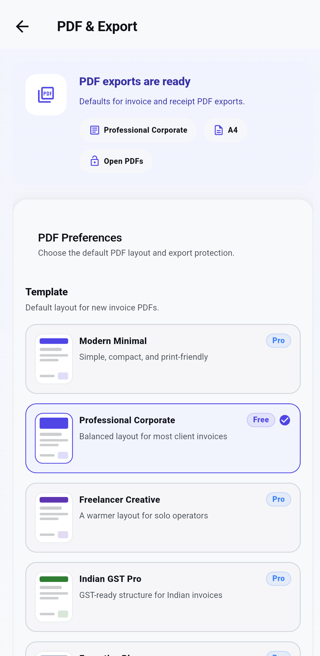 Lekhva PDF template and export preferences